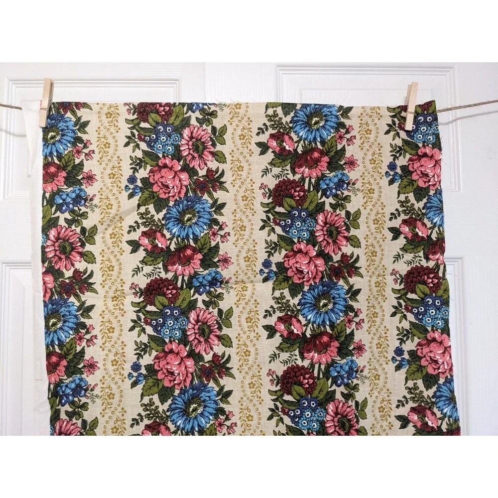Vintage Mid-Century Floral Stripe Fabric Remnant 46